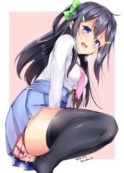 black_hair black_legwear blue_eyes blush bow bra clothed_masturbation clothing female femcum_under_clothes fingering fingering_through_clothes fingering_through_panties hair_ornament hairbow hairclip long_hair masturbation masturbation_through_clothing mokufuu necktie one_side_up open_mouth original panties pussy_juice saliva school_uniform see-through serafuku skirt solo striped striped_bra thighhighs through_clothes underwear