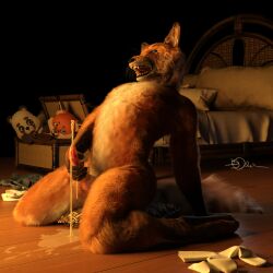 anthro bed bodily_fluids canid canine cum cum_on_ground ejaculation fox fur furniture genital_fluids hi_res kneeling male mammal masturbation open_mouth penile penile_masturbation sharp_teeth sherwood solo teeth were werecanid werecanine