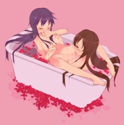 2girls bathtub blush breast_grab breasts brown_hair closed_eyes cunnilingus female gakkou_gurashi! grabbing harino_(harinosakippo) highres long_hair multiple_girls nude oral purple_hair tears water yuri