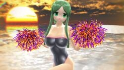 1girls 2023 3d_(artwork) beach belly_button black_swimsuit breasts cleavage clouds green_eyes green_hair_female hati_yukkuri_mmd hidden_star_in_four_seasons holding_pom_poms human jpeg light-skinned_female long_hair_female looking_at_viewer mmd one_leg_up outdoors pom_poms sky solo_female solo_focus sunset swimsuit teireida_mai touhou waist water