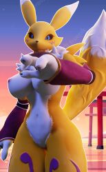 anthro areola armwear armwear_only bandai_namco barely_visible_genitalia barely_visible_pussy big_breasts blue_eyes breasts bridal_gauntlets bridal_gauntlets_only clothing digimon digimon_(species) female genitals hi_res nipples pussy renamon solo springycharna tail thick_thighs