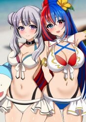 2girls alear_(female)_(fire_emblem) alear_(female)_(seaside_dragon)_(fire_emblem) alear_(fire_emblem) alternate_costume alternate_hairstyle bare_shoulders big_breasts bikini black_hair blue_bikini blue_eyes blue_hair blush choker cleavage crossed_bangs fire_emblem fire_emblem_engage fire_emblem_heroes flower grey_hair hair_flower hair_ornament heterochromia high_res long_hair looking_at_viewer medium_breasts multicolored_clothes multicolored_hair multiple_girls navel nintendo official_alternate_costume official_alternate_hairstyle open_mouth outside ponytail purple_eyes red_bikini red_eyes red_hair siblings sisters smile split-color_hair swimsuit tara_(szzj7733) two-tone_hair very_long_hair veyle_(fire_emblem) white_bikini