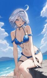 ahoge alternate_costume armpit_crease bare_shoulders beach bikini blue_bikini blue_choker blue_eyes blue_hair blue_nails blue_pupils blue_sky breasts choker collarbone commentary day drop-shaped_pupils english_commentary female furina_(genshin_impact) genshin_impact hair_intakes helloimtea heterochromia highres hydro_symbol_(genshin_impact) leaning_forward light_blush looking_at_viewer medium_breasts mismatched_pupils multicolored_hair nail_polish navel on_rock outdoors paid_reward_available parted_lips patreon_username sitting sky smile solo stomach streaked_hair swimsuit symbol-shaped_pupils water wet