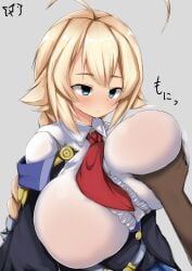 1girls 1other ahoge and aytk023 blazblue blonde_hair blue_eyes blush breast_grab breast_squeeze breast_squish breasts breasts_bigger_than_head busty clothed clothing dress es_(xblaze) expressionless female female_focus grey_background groping huge_breasts japanese_text long_hair long_sleeves shirt tie tied_hair xblaze