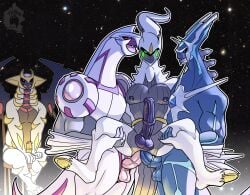 absurd_res anal anal_sex animal_genitalia animal_penis anthro arceus balls cosmic_background cuck_chair cuckold dialga double_anal double_penetration equine_genitalia equine_penis generation_4_pokemon genitals giratina group group_sex hi_res legendary_pokemon male male/male male_anthro muscular muscular_anthro muscular_male nintendo nipples open_mouth palkia penetration penis pokemon pokemon_(species) sex size_difference sky star starry_background starry_sky thekinkybear threesome voyeur