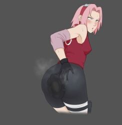 1girls alternate_version_available ass back_view blush clothed eyes_rolling_back gloves hand_on_ass headband looking_back naruto naruto_(series) naruto_shippuden pink_hair r-18 sakura_haruno sakura_haruno(shippuden) scat shit shitting shitting_self short_hair shorts steam sweat sweating