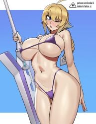 1girls ahoge artist_name big_breasts bikini bikini_bottom bikini_top blazblue blonde_hair blue_background blue_eyes blush breasts busty cleavage donburi_(donburikazoku) donburikazoku es_(xblaze) fanbox_username female female_only holding_object holding_weapon huge_breasts large_breasts large_sword looking_at_viewer navel one_eye_closed open_mouth patreon_username shiny_skin sole_female solo swimsuit sword thighs tied_hair weapon xblaze