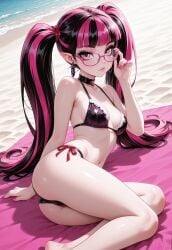 1girls ai_assisted ai_generated ass beach beach_towel belly belly_button bicolored_hair bikini breasts calves choker civitai draculaura eyewear feet female female_only glasses hair_ribbon laying_down looking_at_viewer monster_high nail_polish pale_skin pink_eyes pointy_ears seaside small_breasts solo solo_female sunlight swimsuit thick_thighs twintails two_piece_swimsuit unbothered vampire_girl white_skin