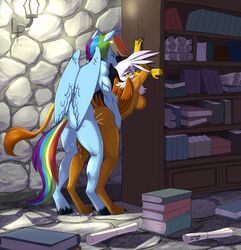 2016 against_wall anthro anthrofied avian book breasts brown_feathers calf_muscles closed_eyes duo equine feathered_wings feathers female friendship_is_magic from_behind_position gilda_(mlp) gryphon hair hi_res inside library male mammal multicolored_hair my_little_pony open_mouth pegasus rainbow_blitz_(mlp) rainbow_dash_(mlp) rainbow_hair rule_63 sex siberwar sideboob straight straight_hair unguligrade_anthro white_feathers wings yellow_eyes