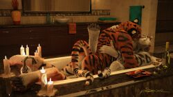 3d anthro bathroom candle digital_media_(artwork) duo felid holding_partner hug kissing leg_around_partner lying male male/male mammal on_front pantherine partially_submerged pawpads raised_leg reclining sherwood signature tiger water