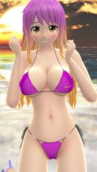 1girls 2023 3d_(artwork) arms_up beach belly_button bikini breasts cleavage clouds colored_hair hati_yukkuri_mmd high_heels hijiri_byakuren human kneeling light-skinned_female light_brown_eyes long_hair_female looking_at_viewer mmd outdoors purple_bikini sky solo_female solo_focus sunset swimsuit touhou undefined_fantastic_object waist water