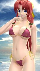 1girls 2023 3d_(artwork) beach belly_button bikini breasts clavicle cleavage clouds earring embodiment_of_scarlet_devil green_bowtie hati_yukkuri_mmd hong_meiling light-skinned_female long_hair_female looking_at_viewer mmd one_arm_up open_mouth outdoors red_bikini red_hair_female sky solo_female solo_focus swimsuit touhou waist water yellow_ribbon youkai