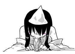 black_hair blush cum cum_in_mouth fellatio female hair_over_eyes off_shoulder oral original penis pov seki_(red_shine) spot_color triangular_headpiece uncensored