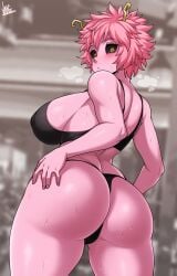 1girls absurdres artist_name ashido_mina ass black_panties black_sclera blush boku_no_hero_academia breasts cameltoe cleft_of_venus colored_sclera colored_skin female from_behind grabbing_own_ass hand_on_own_ass highres horns huge_ass jmg large_breasts looking_at_viewer looking_back mina_ashido my_hero_academia no_pants panties pink_hair pink_skin sideboob solo sports_bra sweat thick_thighs thighs thong underwear yellow_eyes