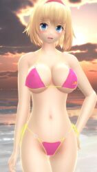 1girls 2023 3d_(artwork) alice_margatroid belly_button bikini blonde_hair_female blue_eyes blush breasts cleavage clouds hati_yukkuri_mmd headband human light-skinned_female looking_at_viewer mmd open_mouth outdoors perfect_cherry_blossom pink_bikini sea short_hair_female sky solo_female solo_focus sunset swimsuit touhou waist water