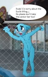 alternate_version_available animal_genitalia anthro anthrofied balls barefoot begging blush cartoon_network censor_bar chainlink detailed_background dialogue embarrassed english_text exhibitionism exposed feline fence flaccid front_view gumball_watterson handcuffs kithawking male_only mammal nude open_mouth outside penis penis_tip photo_background public shackles sheath text the_amazing_world_of_gumball unseen_character whiskers