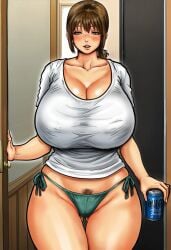 1girls big_breasts blush brown_hair female green_panties happymouse holding_can huge_breasts kaa-san_no_ana_tsukawasete looking_at_viewer ponytail pubic_hair short_hair side-tie_panties smile t-shirt thick_thighs white_t-shirt