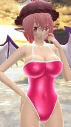 1girls 2023 3d_(artwork) beach belly_button blush breasts clavicle cleavage finger_on_face hat hati_yukkuri_mmd headwear imperishable_night kemonomimi light-skinned_female mmd mystia_lorelei one_arm_up open_mouth outdoors owl_ears pink_eyes pink_hair_female pink_swimsuit short_hair_female sky solo_female solo_focus sunset swimsuit touhou waist water winged_hat wings yosuzume youkai