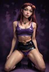 1girls ai_generated arborgold ass_visible_through_thighs bangs cameltoe dripping_pussy green_eyes grool kneeling latex_clothing miniskirt necklace nipples_visible_through_clothing orange_skin panties pube_peek pubic_hair purple_panties solo sports_bra starfire teen_titans