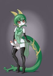 anthro arm_warmers balls clothing crossdressing diphallia diphallism full-length_portrait full_length hi_res legwear lovely_mawile male multi_penis nintendo penis pokemon serperior solo trap video_games western_art