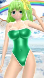 1girls 2023 3d_(artwork) belly_button blue_eyes blush breasts cleavage clouds daiyousei embodiment_of_scarlet_devil fairy fairy_wings green_bikini green_hair hati_yukkuri_mmd light-skinned_female looking_at_viewer mmd one_arm_up open_mout outdoors rainbow sea short_hair_female sky solo_female solo_focus swimsuit touhou waist water wings yellow_ribbon