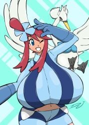 2024_pokemon_teraleak blue_bra blue_eyes breasts_bigger_than_head breasts_bigger_than_torso djthepokemen enormous_breasts gigantic_breasts huge_breasts huuro_(pokemon) hyper_breasts large_breasts nintendo one_eye_closed pokemon pokemon_bw red_hair skyla_(pokemon) swanna