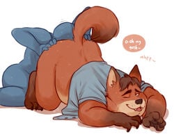 anal anon ass_up barefoot bottomless canine clothed clothing disney duo english_text fox front_view gay gideon_grey glitter_trap_boy looking_pleasured lying male male_only mammal on_front one_eye_closed open_mouth oral overweight raised_tail rimming sex shirt signature speech_bubble sweat text yaoi zootopia