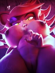 3d_(artwork) anthro areola big_breasts breasts canid canine digital_media_(artwork) exclamation_point female five_nights_at_freddy's fox foxy_(cally3d) foxy_(fnaf) fredina's_nightclub genitals hi_res looking_down low-angle_view mammal nipple_piercing nipples nude piercing pupils pussy question_mark scottgames slit_pupils solo sxftdmns thick_thighs worm's-eye_view yellow_eyes