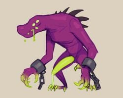 acrid alien anthro biped bodily_fluids claws cuff_(restraint) cum daftpatriot erection genital_fluids genitals green_body green_eyes green_penis hi_res hollow_eyes male mouth_closed multicolored_body penis purple_body restraints risk_of_rain risk_of_rain_2 scalie shackles simple_background solo spikes spikes_(anatomy) teeth