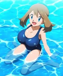 1girls ai_generated alternate_breast_size arms_up big_breasts blue_eyes breasts brown_hair cleavage female female_focus female_only game_freak huge_breasts large_breasts light-skinned_female light_skin may_(pokemon) mayday_(artist) nintendo one-piece_swimsuit pokemon short_hair solo solo_female solo_focus sweat swimsuit swimwear thick_thighs