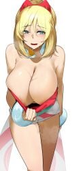 alternate_breast_size areola_slip big_breasts blonde_hair breasts clothes_lift creatures_(company) downblouse female game_freak highres huge_breasts irida_(pokemon) nintendo pokemon pokemon_legends:_arceus shirt_lift solo sweat sweatdrop white_background yuuyuu_(yuuki1771)