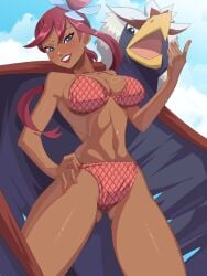 1girls 2024 athletic_female below_view bikini bikini_bottom bikini_top bird blue_eyes braviary brown_body brown_skin curvy dark-skinned_female dark_skin ebony exceedxatu female gym_leader hand_on_hip human looking_at_viewer nintendo pokemon pokemon_bw red_hair red_lipstick red_nail_polish red_nails skyla_(pokemon) smile smiling smiling_at_viewer twitter_link video_game video_game_character video_games