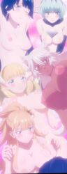 1boy 5girls amber_idonokan animal_ears areolae blonde_hair blue_eyes blue_hair blush breasts breasts_size_difference dark-skinned_female elbow_gloves elf elf_ears granart_needakitta harem horns huge_breasts kekkon_yubiwa_monogatari krystal_novaty_nokanatika large_ass large_breasts light-skinned_female light-skinned_male medium_breasts nephrites_lomka nipples nude one_eye_closed pointed_ears saphir_maasa screencap stitched straight sweat thighs white_hair