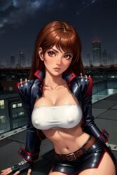 ai_generated bloody_roar breasts brown_hair female jacket kirishima_nagi large_breasts navel night nipples nipples_visible_through_clothing skirt