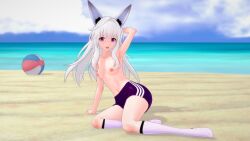 3d 3d_(artwork) animal_ears beach clara_(honkai:_star_rail) female female fox_ears fox_girl half_naked happy honkai:_star_rail honkai_(series) koikatsu long_hair nude nude_female oppai red_eyes socks sports_shorts white_hair