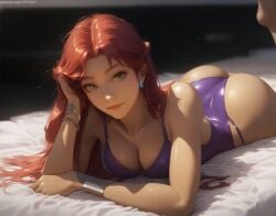 ai_generated ass bare_shoulders bed bra cleavage clothed clothing collarbone earrings eyelashes green_eyes indoors laying_on_bed laying_on_stomach long_eyelashes long_hair nai_diffusion on_bed pujopg red_hair revealing_clothes starfire swimsuit tan_body teen_titans