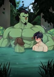 abs bara bathing beard big_dom_small_sub big_muscles big_nipples big_pecs big_penis black_hair blush callmea callmea_(artist) daddy dilf dominant duo ear_piercing ear_ring erect_nipples erection facial_hair genitals green_body hair hi_res hot_spring huge_cock huge_muscles huge_pecs human humanoid humanoid_pointy_ears hunk imminent_sex larger_humanoid larger_male male male/male male_only mammal mohawk mostly_submerged muscular muscular_humanoid muscular_male nipples orc partially_submerged pecs penis piercing ring_piercing signature size_difference smaller_human smaller_male tusks water