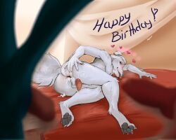 2024 4_toes 5_fingers absurd_res after_sex animal_genitalia animal_penis anthro anus ass balls banner bed bedroom bedroom_sex birthday birthday_sex blush bodily_fluids borzoi brown_eyes canid canine canine_genitalia canine_penis canis claws cum cum_inside cum_on_butt cum_on_leg digital_media_(artwork) digitigrade domestic_dog english_text feet finger_claws fingerpads fingers fluffy fluffy_tail furniture genital_fluids genitals grey_nose group group_sex hair heart_symbol hearts_around_head hi_res hunting_dog inside knot knotted_penis lying male male/male mammal on_bed on_side pawpads paws penis sex sighthound silhouette silhouetted_body silhouetted_penis spread_anus spreading tail tail_motion tailwag text toe_claws toes tongue tongue_out wapken_(artist)