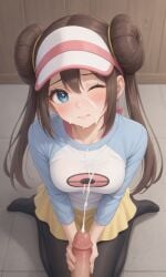 ai_generated blue_eyes blush brown_hair cum cum_on_breasts cum_on_face cumshot embarrassed fully_clothed hairbun handjob kneeling kslgsnb looking_at_viewer looking_up on_knees one_eye_closed pantyhose penis pixai pokemon pokemon_bw raglan_sleeves rosa_(pokemon) self_upload shorts white_shirt yellow_shorts