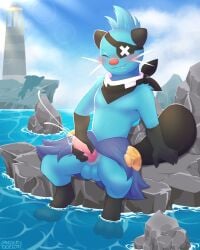 absurd_res andyocelot anthro blue_body blue_fur blush bodily_fluids closed_eyes cum dewott ejaculation eye_patch eyewear fur generation_5_pokemon genital_fluids genitals hi_res lighthouse male masturbation nintendo penile penile_masturbation penis pokemon pokemon_(species) sea seaside solo spearmint_iv_the_dewott tapering_penis water