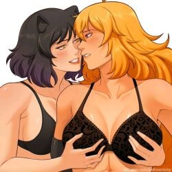 2024 2girls black_hair blake_belladonna bra canon_couple cleavage deviantart_link female female/female female_only hand_on_breast light-skinned_female long_hair looking_at_another patreon_url patreon_username pink_eyes rwby short_hair teasing white_background yang_xiao_long yellow_eyes yellow_nicky_(artist) yuri