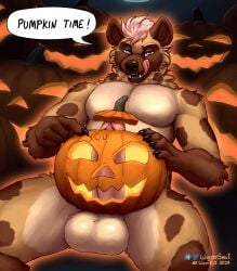 absurd_res anthro food fruit halloween hi_res holidays hyena jack-o'-lantern licking licking_lips male mammal night ozzy_callooh plant pumpkin pumpkin_masturbation pumpkin_patch solo spotted_hyena third-party_edit tongue wagnermutt