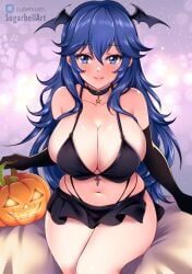 1girls absurd_res alternate_breast_size artist_name bare_shoulders big_breasts bikini black_bikini black_choker black_gloves black_skirt blue_eyes blue_hair blush choker cleavage closed_mouth collarbone elbow_gloves fire_emblem fire_emblem_awakening gloves halloween head_wings high_res jack-o'-lantern long_hair looking_at_viewer lucina_(fire_emblem) microskirt navel nintendo purple_background sitting skirt smile star_(symbol) star_choker sugarbell swimsuit very_long_hair wings