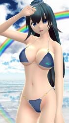 1girls 2023 3d beach belly_button bikini blue_bikini blue_eyes breasts cleavage clouds dark_blue_hair hati_yukkuri_mmd iizunamaru_megumu light-skinned_female long_hair_female looking_at_viewer mmd one_arm_up open_mouth outdoors rainbow sky solo_female solo_focus swimsuit tengu tokin_hat touhou unconnected_marketeers waist youkai