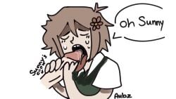 2boys basil_(omori) blowjob blush_lines brown_hair closed_eyes disembodied_penis femboy flower_in_hair gay_blowjob homosexual joke_art omori open_mouth penis_in_mouth penis_lick precum sucking_penis sunny_(omori) sweat tongue_out white_background yaoi