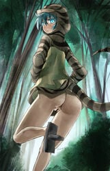 anus ass blue_eyes blue_hair blush bottomless censored female geta hood kemono_friends looking_back pussy solo striped tail tree tsuchinoko_(kemono_friends) yohane