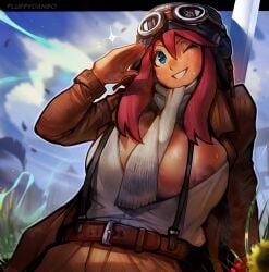 1girls 2024_pokemon_teraleak 2d 2d_(artwork) big_breasts breasts female fluffydango goggles_on_head hispanic_female human latina nipple_slip pilot_goggles pokemon salute scarf skyla_(pokemon) solo solo_female