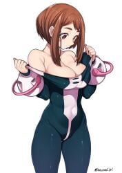 1girls bare_shoulders bodysuit boku_no_hero_academia breasts brown_eyes brown_hair cleavage female highres large_breasts my_hero_academia ochako_uraraka short_hair solo tagme takatsuki_ichi undressing