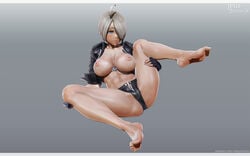 1girls 3d abs angel_(kof) bare_chest bare_legs barefoot blue_eyes blush breasts cameltoe chaps cleavage feet female female_only fingerless_gloves gloves hair_over_one_eye highres jacket king_of_fighters large_breasts leslyzerosix midriff muscle muscular_female navel nipples panties short_hair silver_hair snk soles solo solo_female solo_focus tan tanline thighhighs toes underwear white_hair