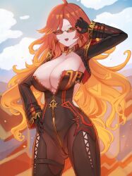 belly_button_visible_through_clothing big_breasts bodysuit clouds cowboy_shot female_only genshin_impact gloves hand_on_hip hmo massive_breasts mavuika_(genshin_impact) orange_hair red_eyes riinnmo standing sunglasses tagme zipper